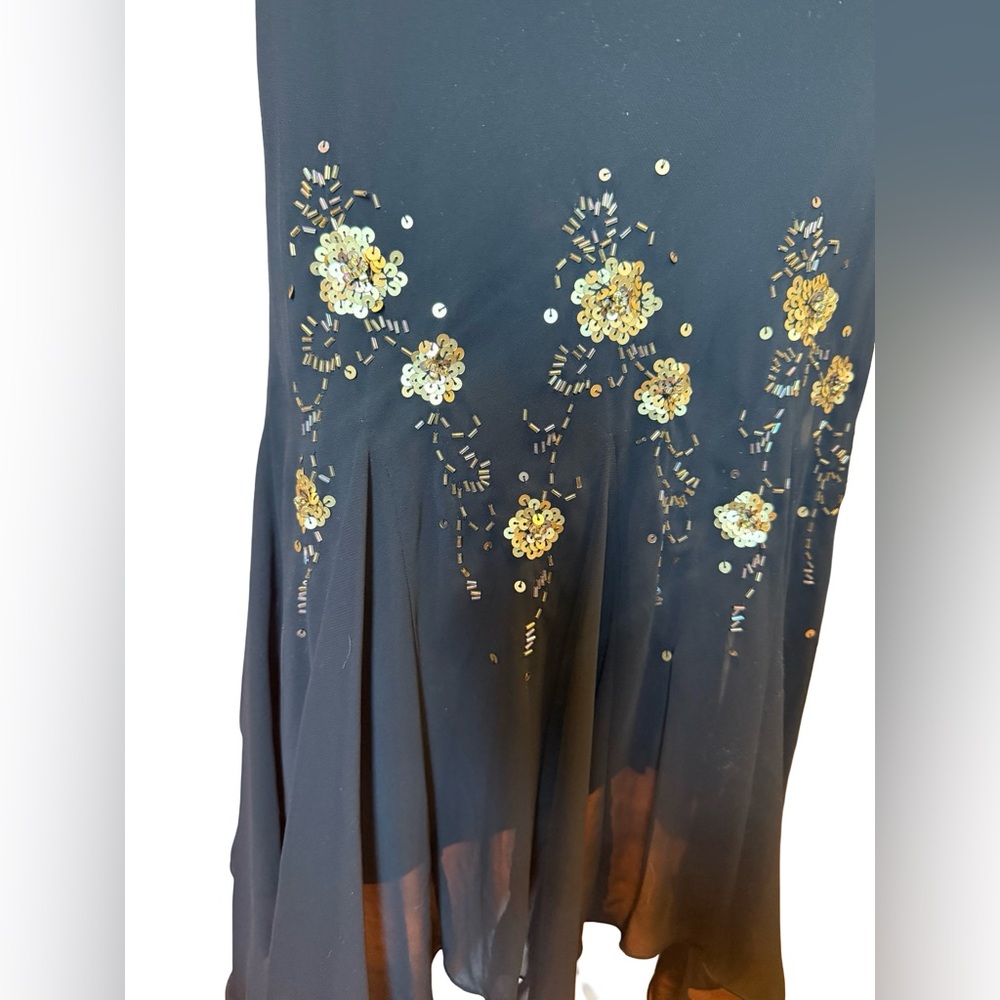 Y2K S.L. Fashions Black Midi Dress 12 Sheer Flutter Sleeve Beaded Hem Formal - Picture 5 of 9